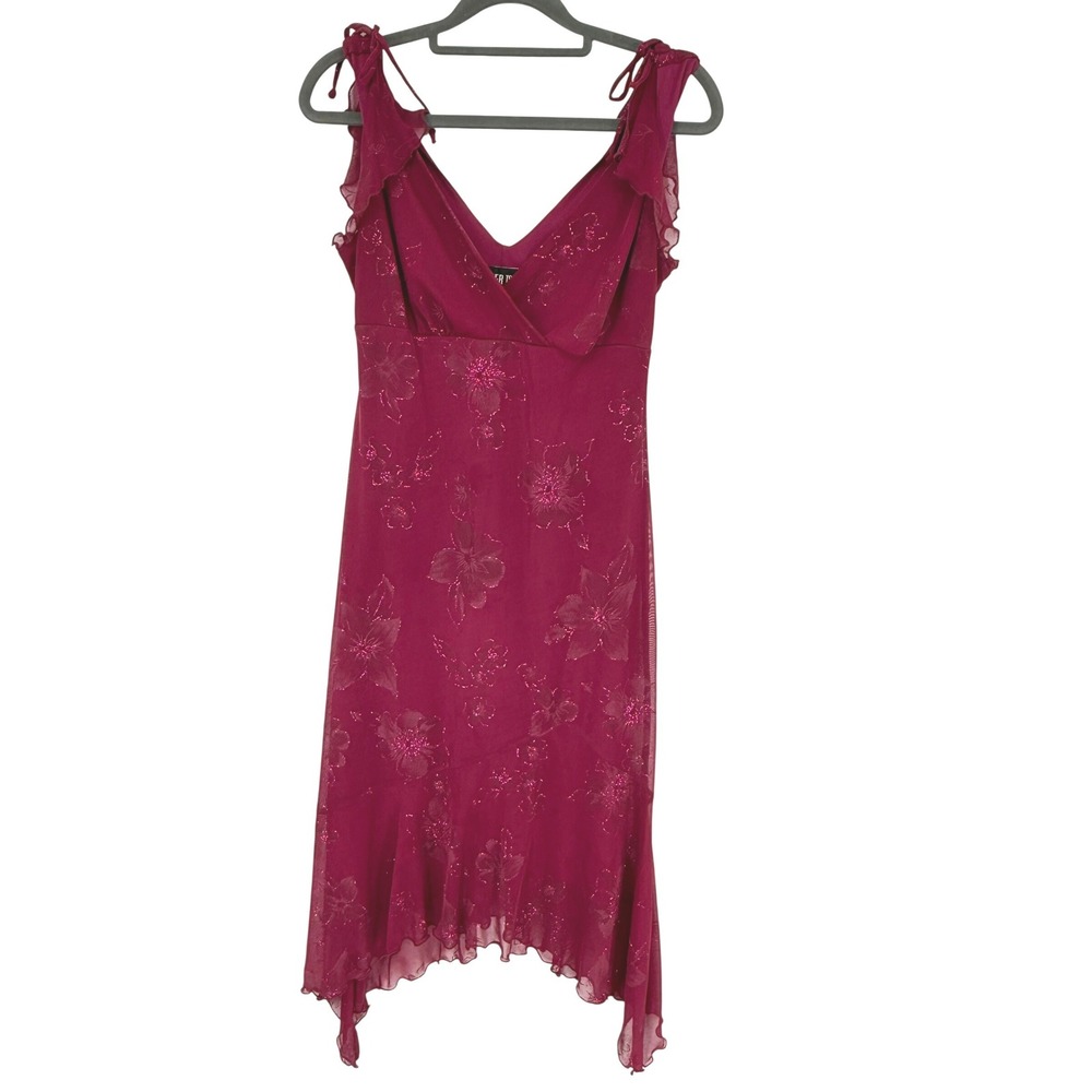 Byer Too! Mesh Glitter Floral Dress Womens Medium Burgundy Excellent Y2K Fairy
